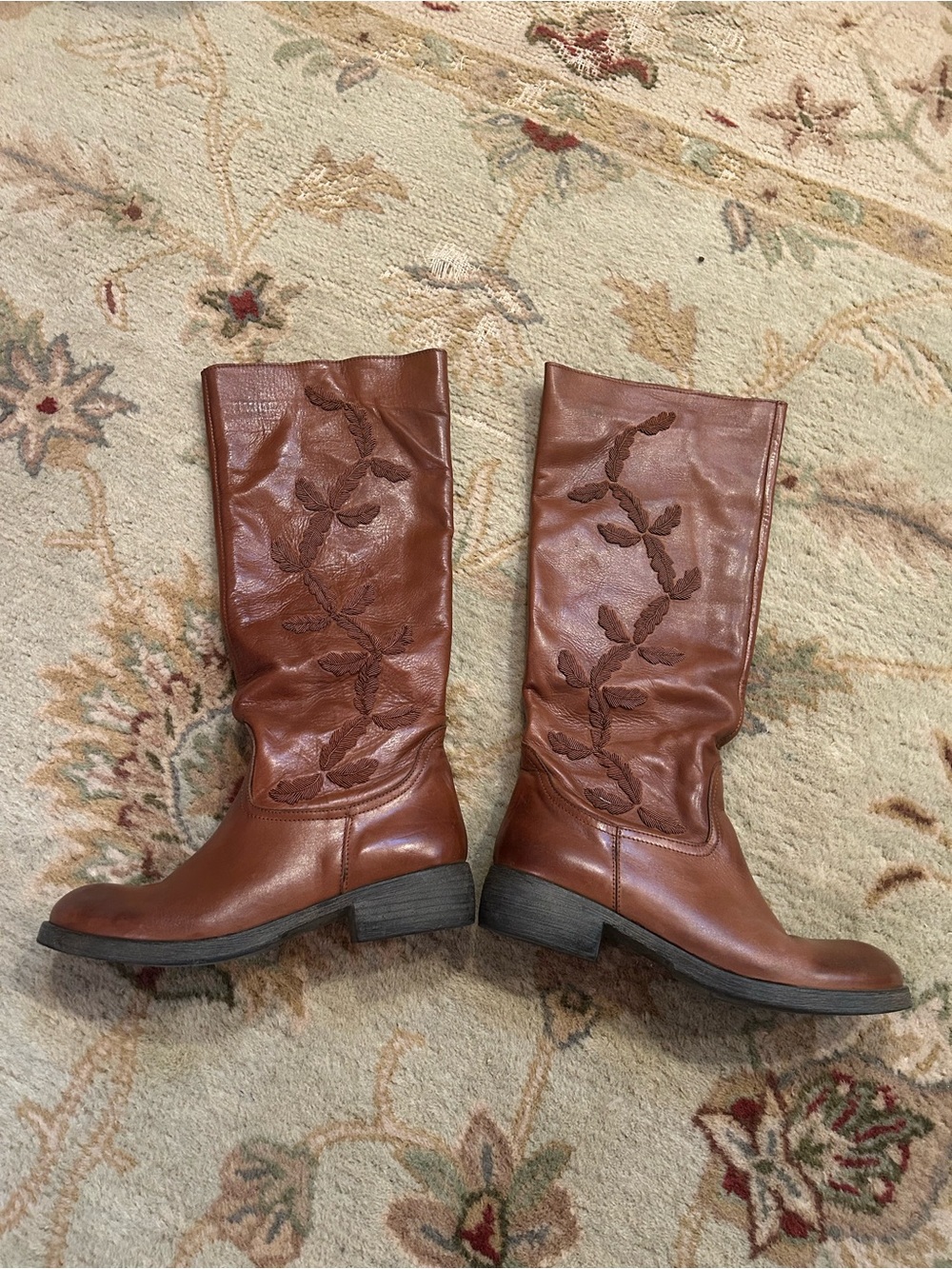 Sundance Chestnut Brown Embroidered Leather Mid-Calf Boots